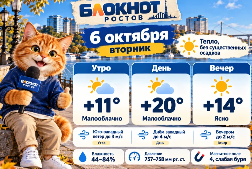 До +20 градусов и слабая буря ожидают Ростов 6 октября