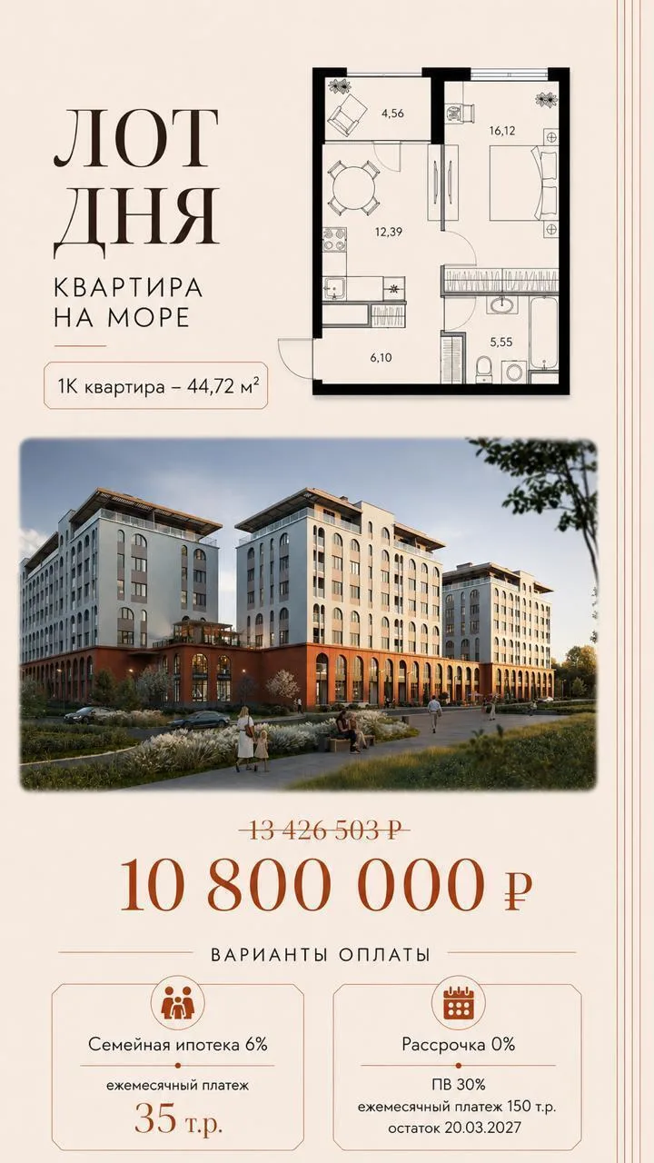 У нас в работе уникальный лот в Алуште. Просторная студия 36м.кв. всего за 11,8 млн рублей