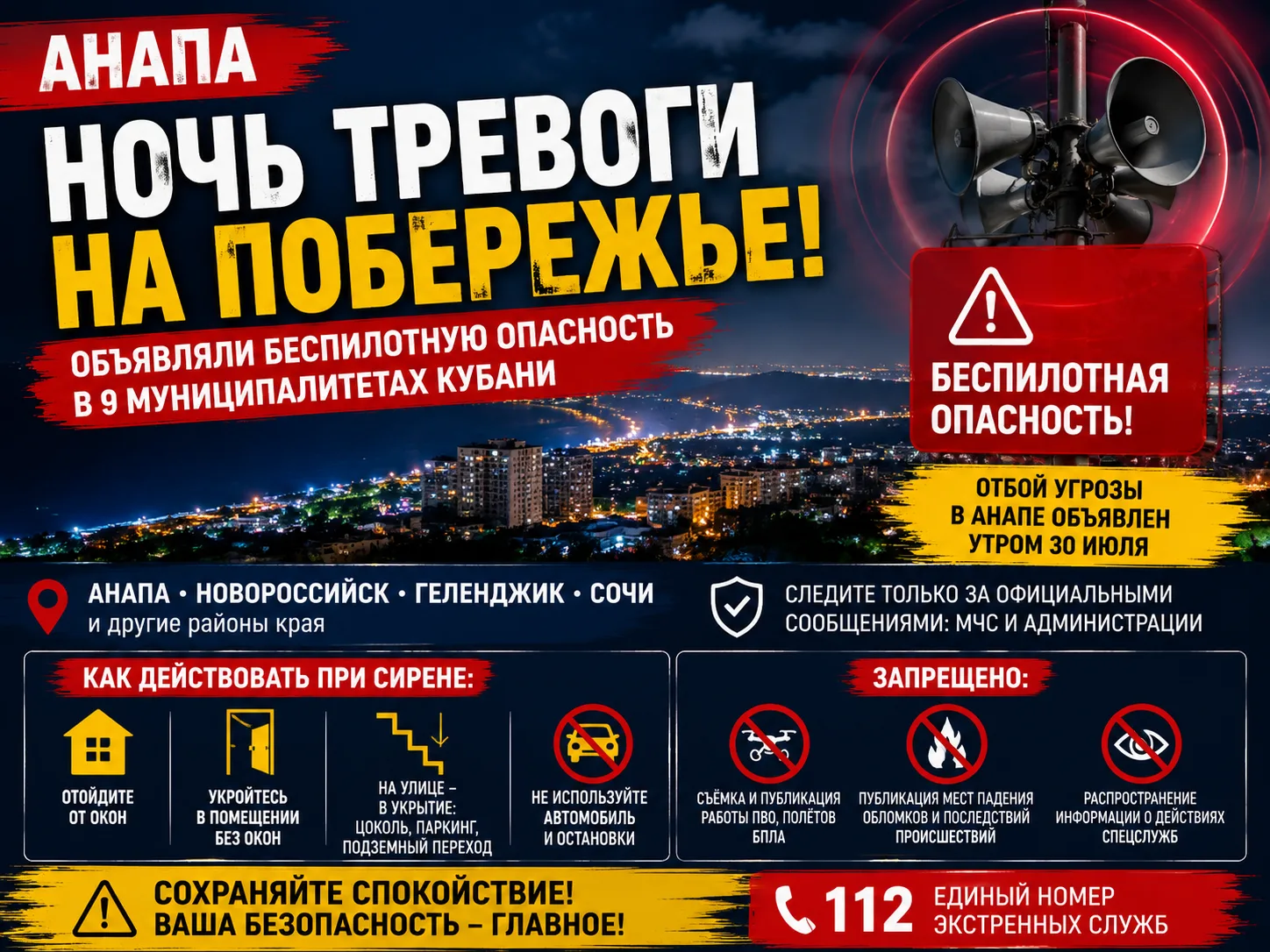 Ночь тревоги в Анапе: объявляли беспилотную опасность