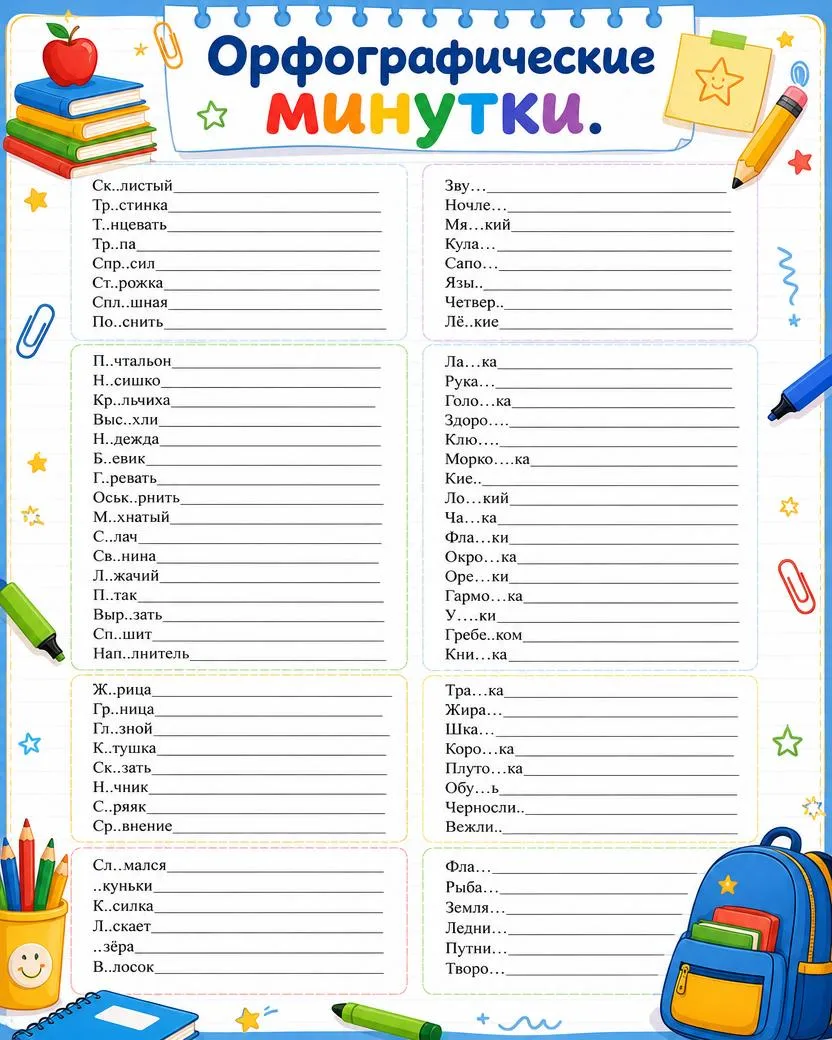 ✏️ Полезный материал по русскому языку

Орфографические минутки отлично подойдут для урока, домашней