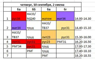 Расписание 2 смены на четверг, 1 октября