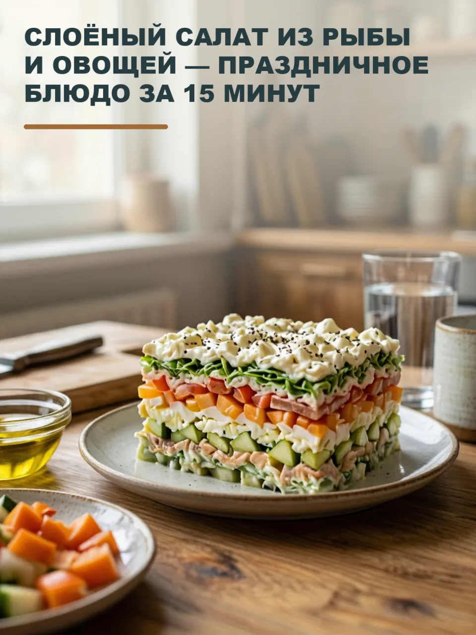 СЛОЁНЫЙ САЛАТ ИЗ РЫБЫ И ОВОЩЕЙ — ПРАЗДНИЧНОЕ БЛЮДО ЗА 15 МИНУТ