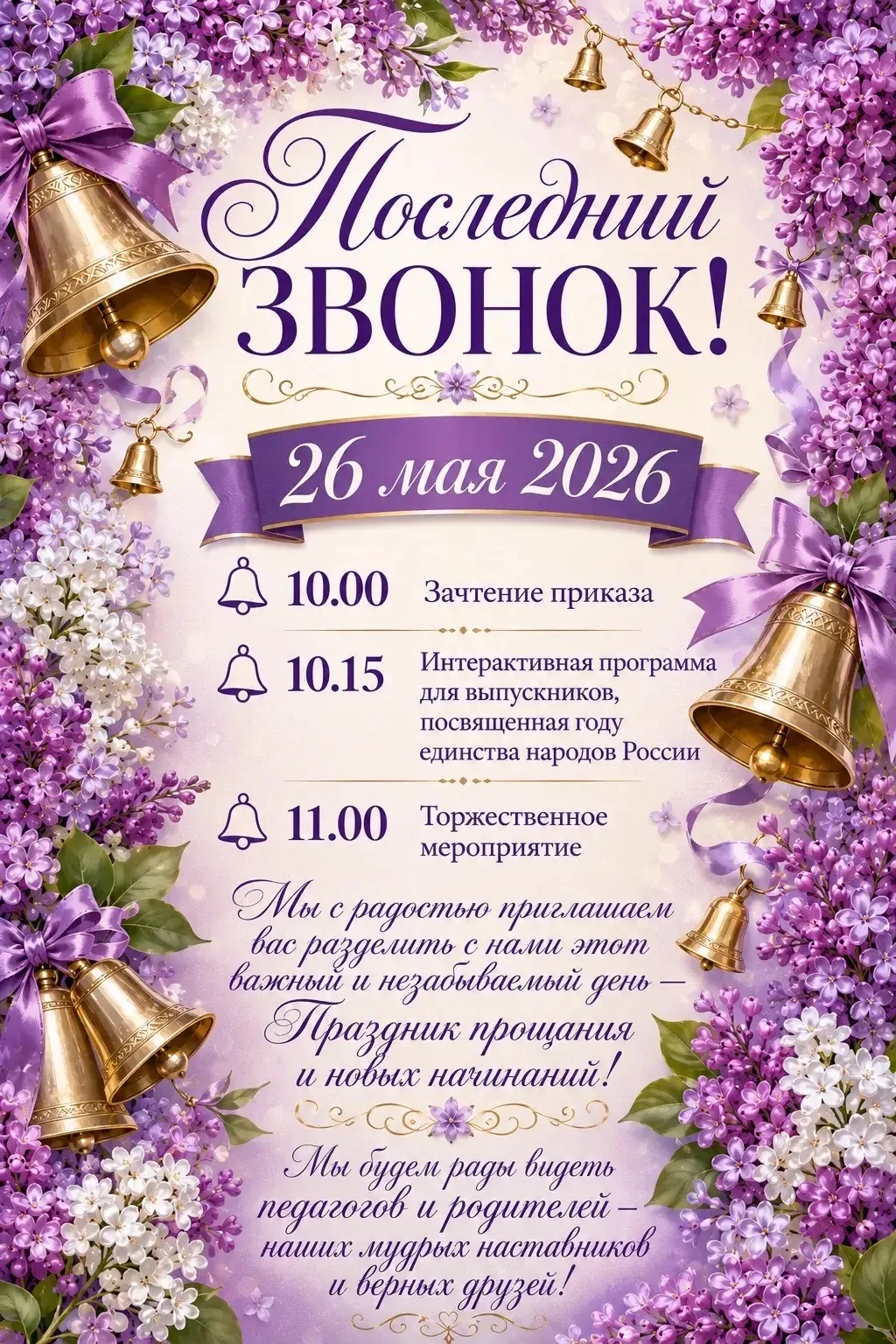 🔔 Дорогие ученики, родители и педагоги!  Приглашаем вас на торжественный праздник «Последний звонок 