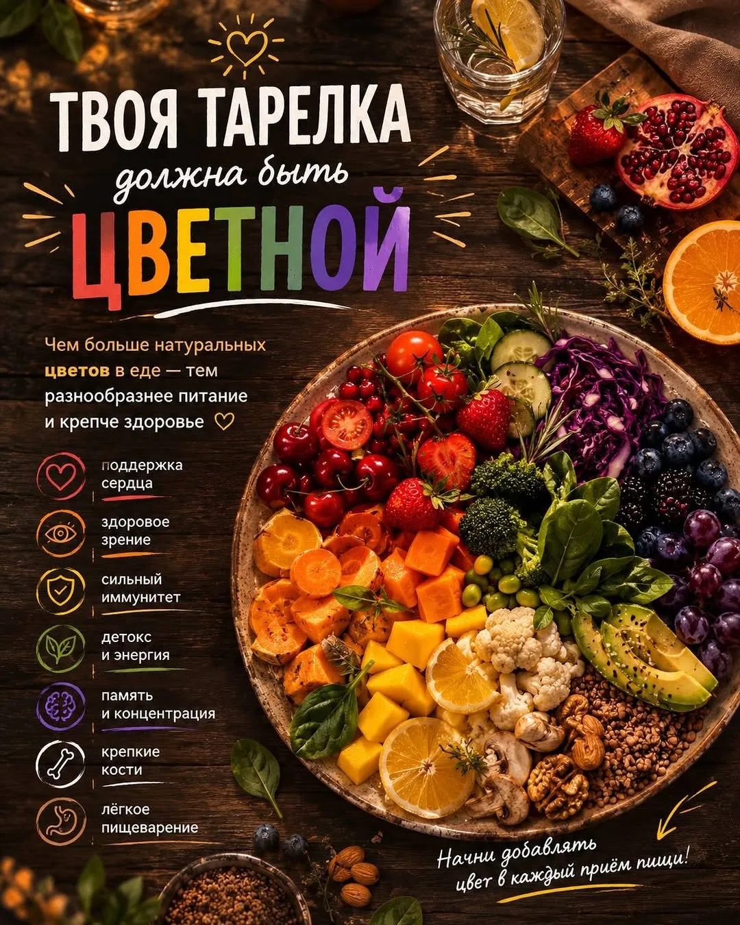 🌈 Ваша тарелка должна быть цветной
#лайфхаки

Еда может быть не только вкусной, но и «умной»!

Чем 