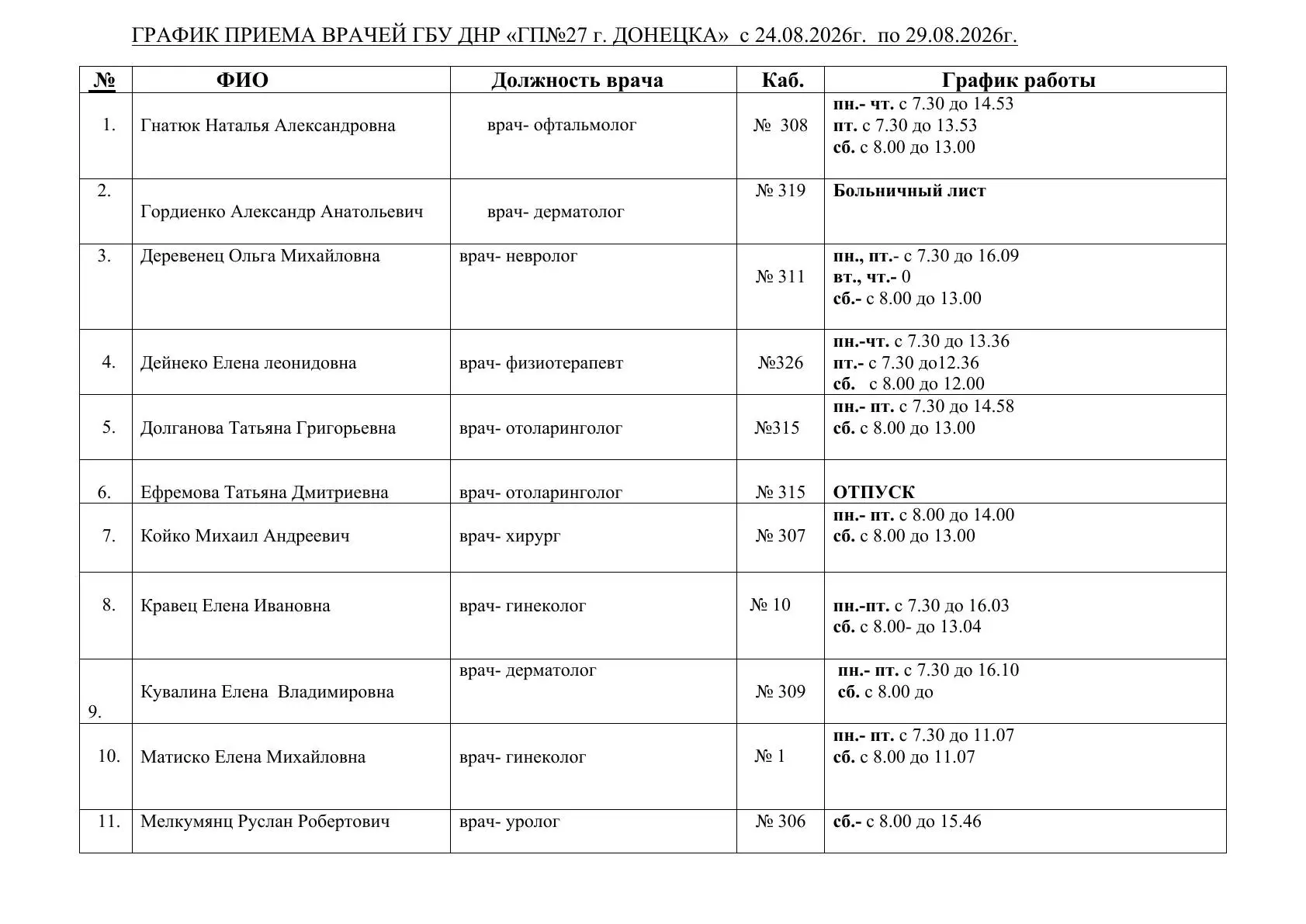 График приема врачей с 24.08.2026 по 29.08.2026