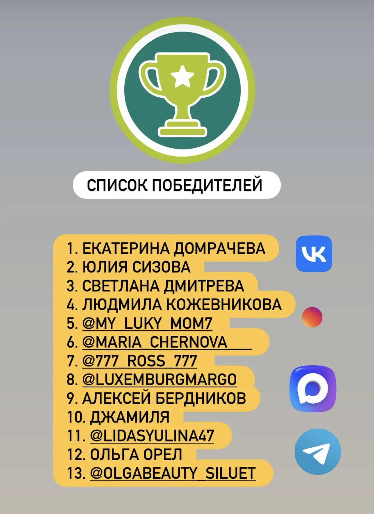 😄СПИСОК ПОБЕДИТЕЛЕЙ