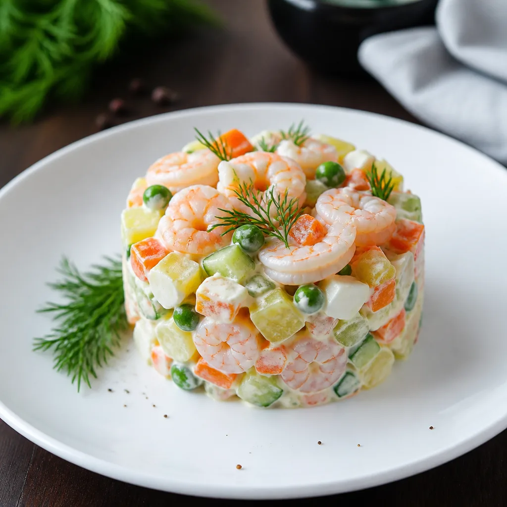 Салат Оливье с морскими креветками и огурцами

Элегантный морской вариант классического Оливье, идеа
