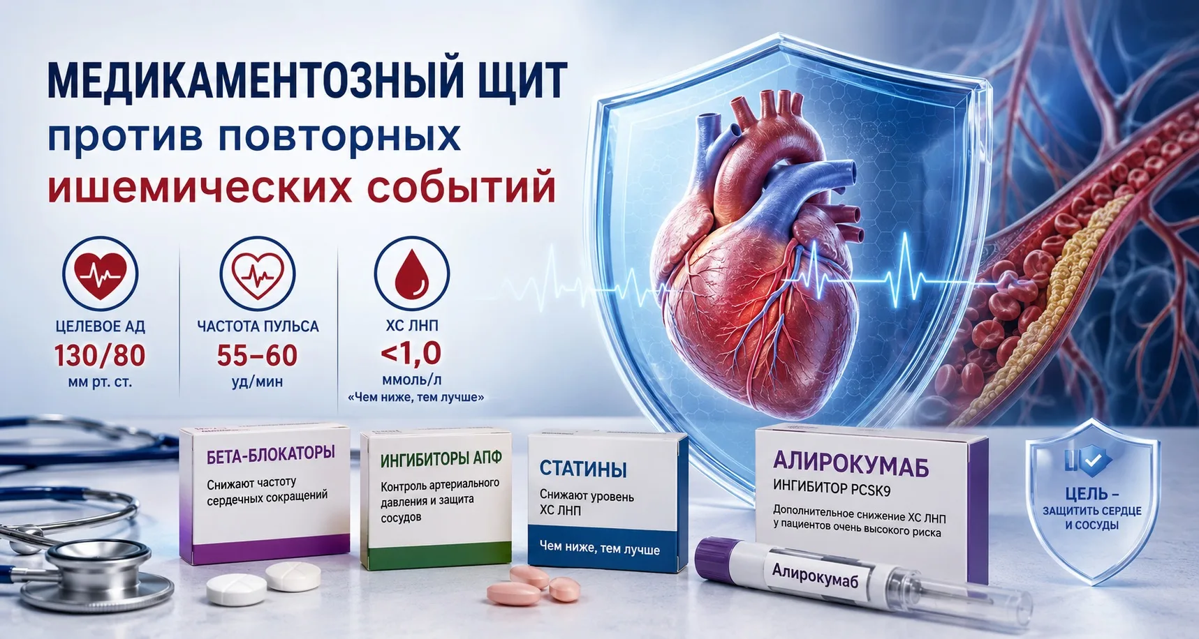 Медикаментозный щит против повторных ишемических событий
 
📊После инфаркта миокарда пациенты должны