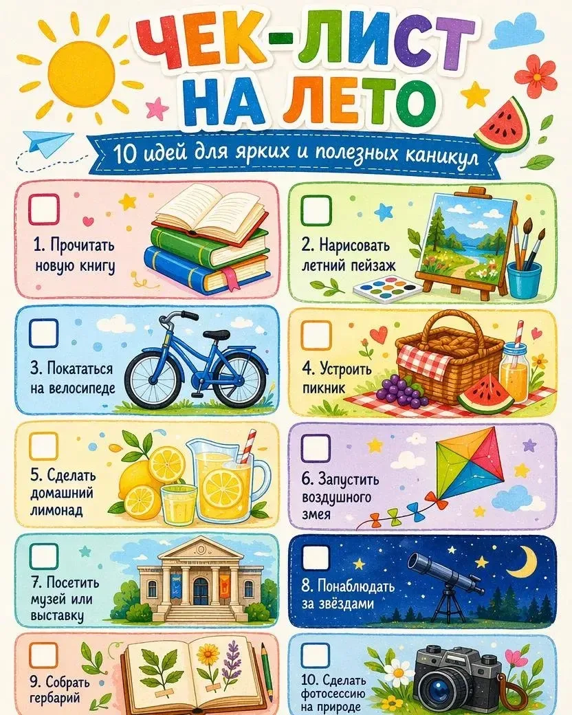 Коллеги, подготовили летние чек-листы для детей 🌞

В них — простые и полезные идеи для каникул: чте