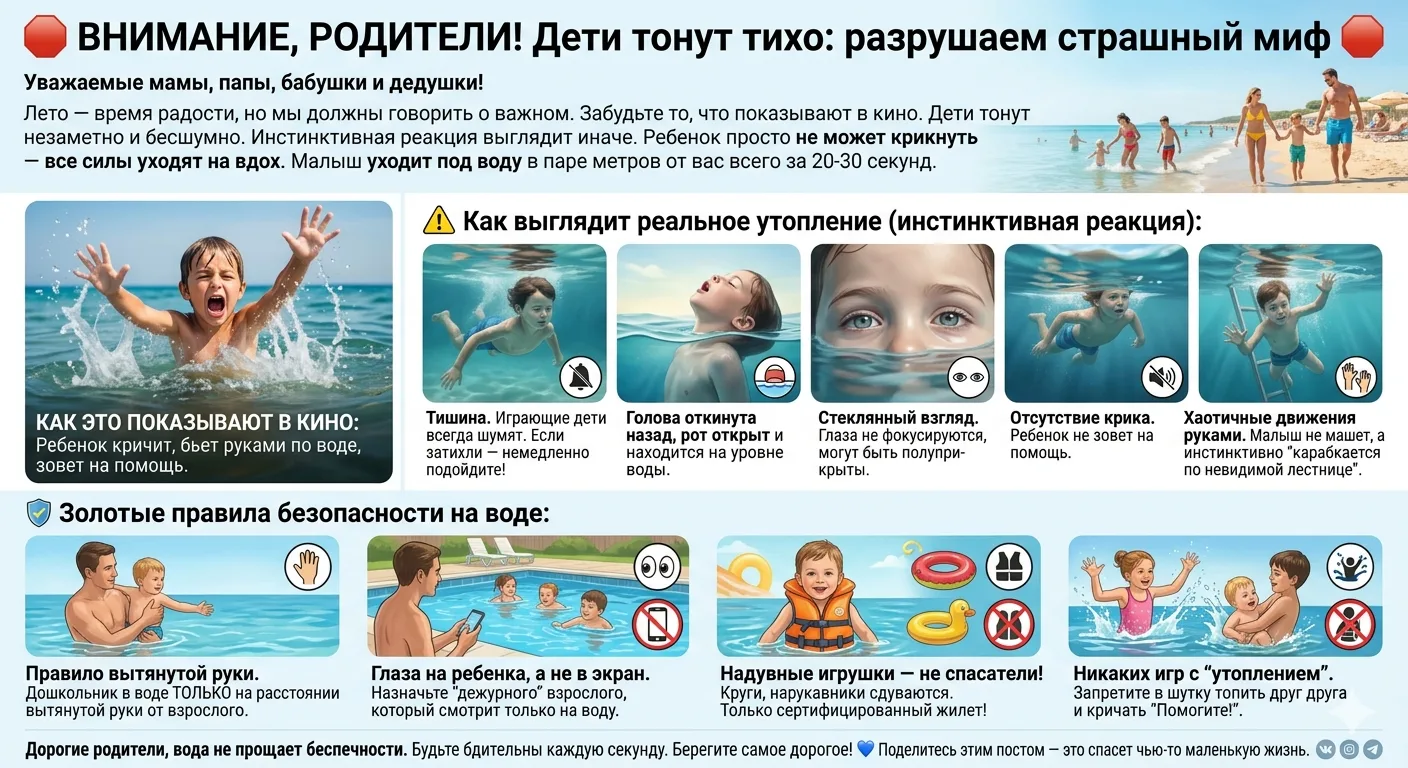 🛑 ВНИМАНИЕ, РОДИТЕЛИ! Дети тонут тихо: разрушаем страшный миф 🛑
​Уважаемые мамы, папы, бабушки и д