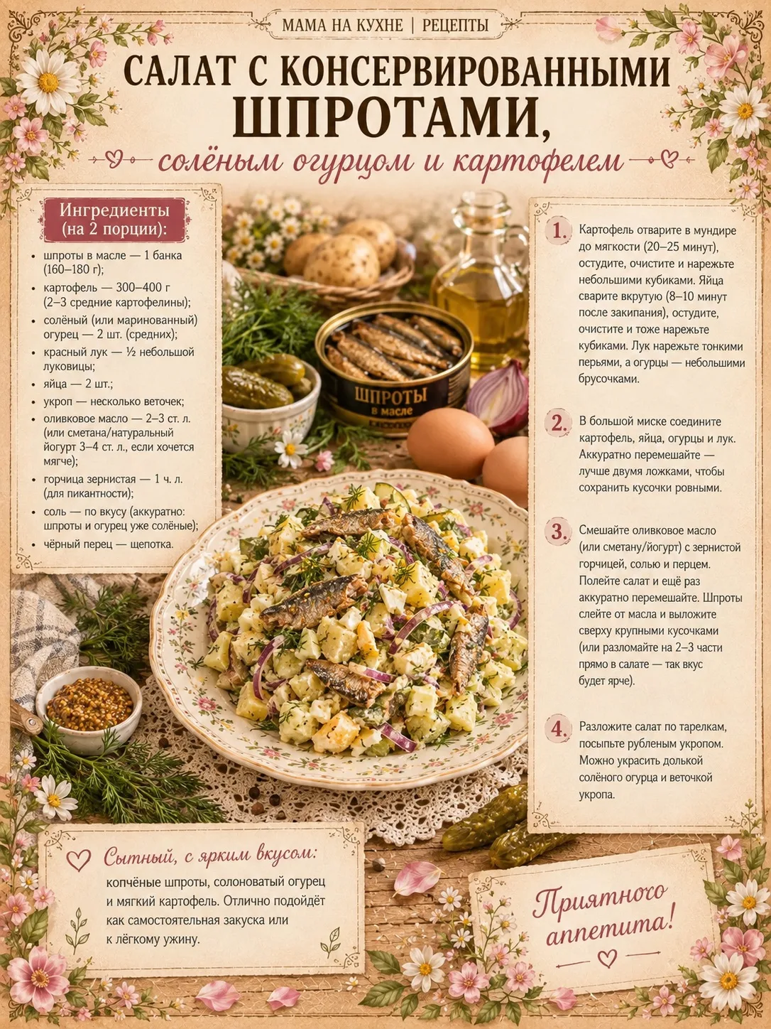 🌸 Салат с консервированными шпротами, солёным огурцом и картофелем 🌸