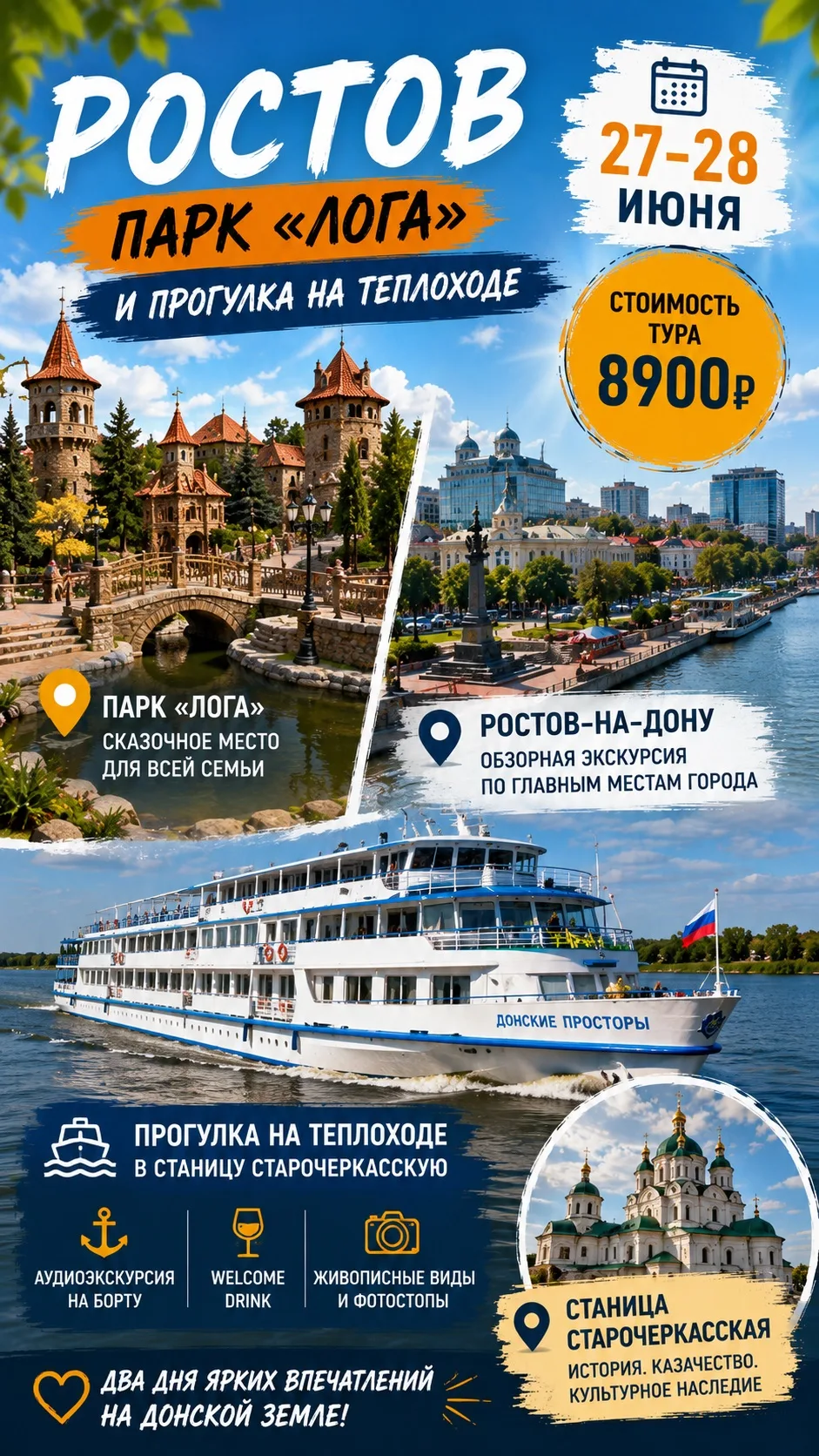 🚢 РОСТОВ-НА-ДОНУ + ПАРК «ЛОГА» + ПРОГУЛКА НА ТЕПЛОХОДЕ

📅 27–28 июня
💰 Стоимость тура — 8 900 ₽

