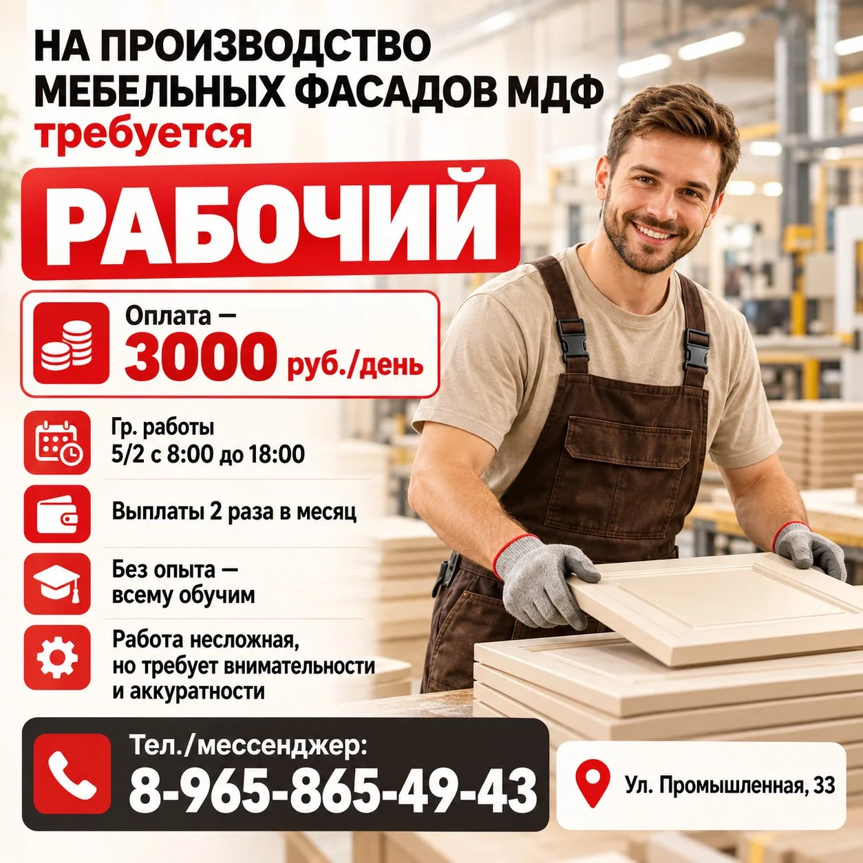 НА ПРОИЗВОДСТВО МЕБЕЛЬНЫХ ФАСАДОВ МДФ требуется рабочий.