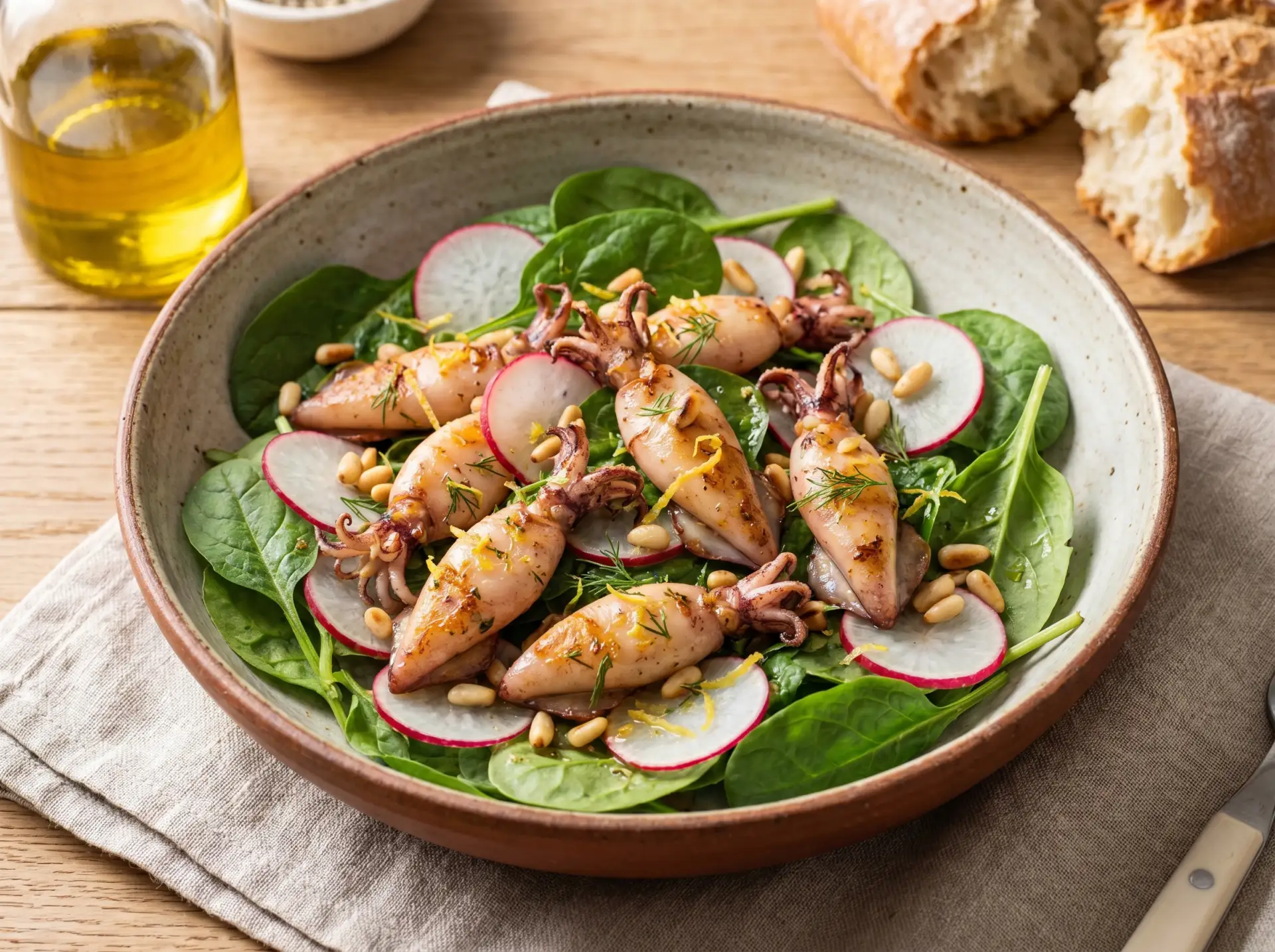 Салат с кальмаром, редисом и шпинатом 🦑🥒🌿