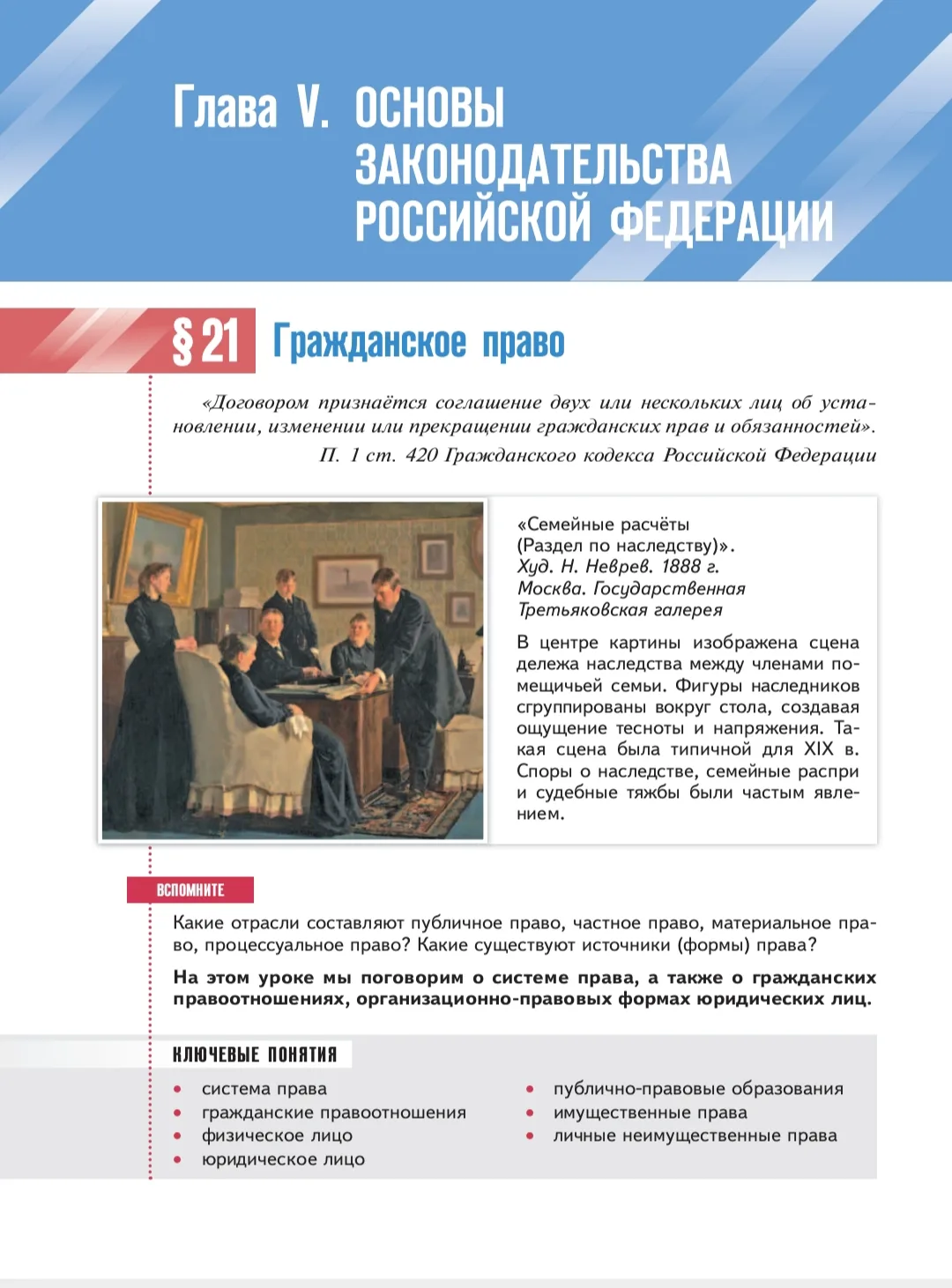 Глава V "Основы законодательства Российской Федерации"

Гражданское право, Семейное право, Трудовое 