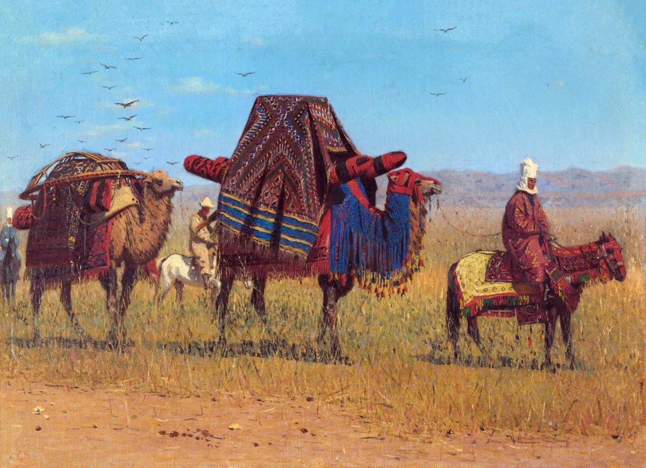 «Перекочёвка киргизов», 1869–1870.
Холст, масло, 27 х 36,5 см

— Верещагин Василий Васильевич,
(1842
