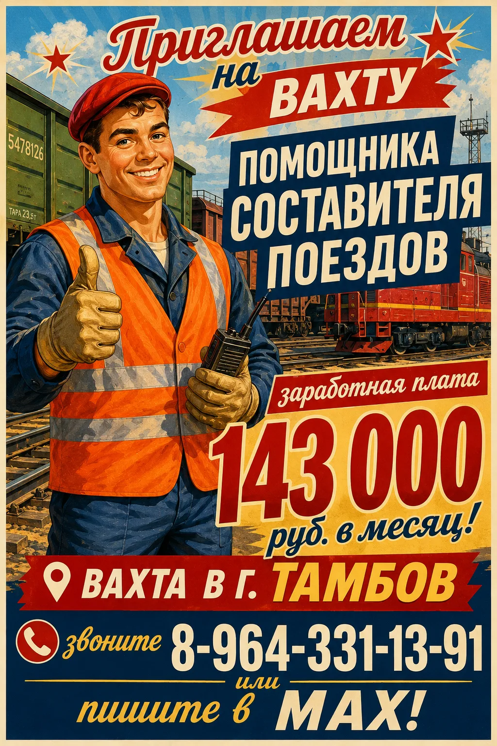 👉Приглашаем на вахту в г. Тамбов 🚂ПОМОЩНИКА СОСТАВИТЕЛЯ ПОЕЗДОВ🚂— заработная плата 143 000 руб.!
