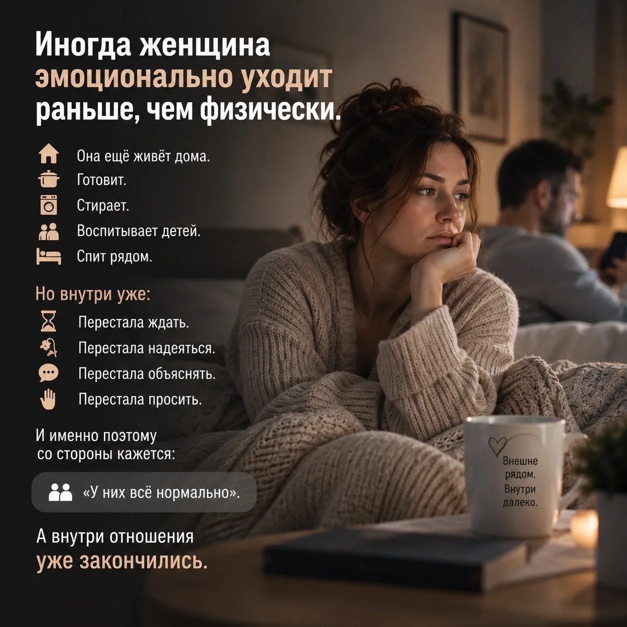 **Иногда женщина эмоционально уходит раньше, чем физически.** 💔