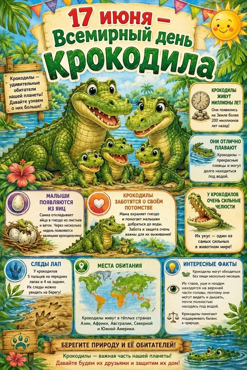 🐊 Осторожно: пост очень зубастый! 17 июня — Всемирный день крокодила! 🌴 
 
Дорогие мамы, папы и на