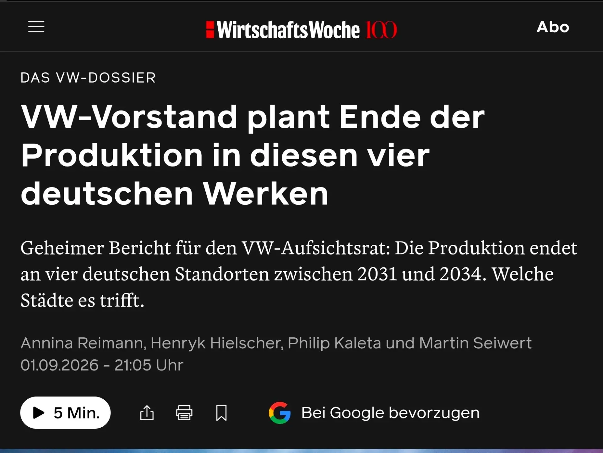 ⚡️Volkswagen закроет сразу четыре завода в Германии, — WiWo