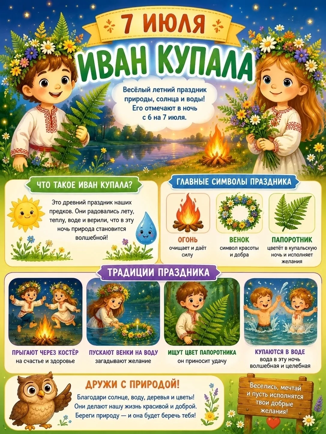 🌿 7 июля — Иван Купала! 🔥💧
Познакомьте детей с одним из самых ярких летних народных праздников! В