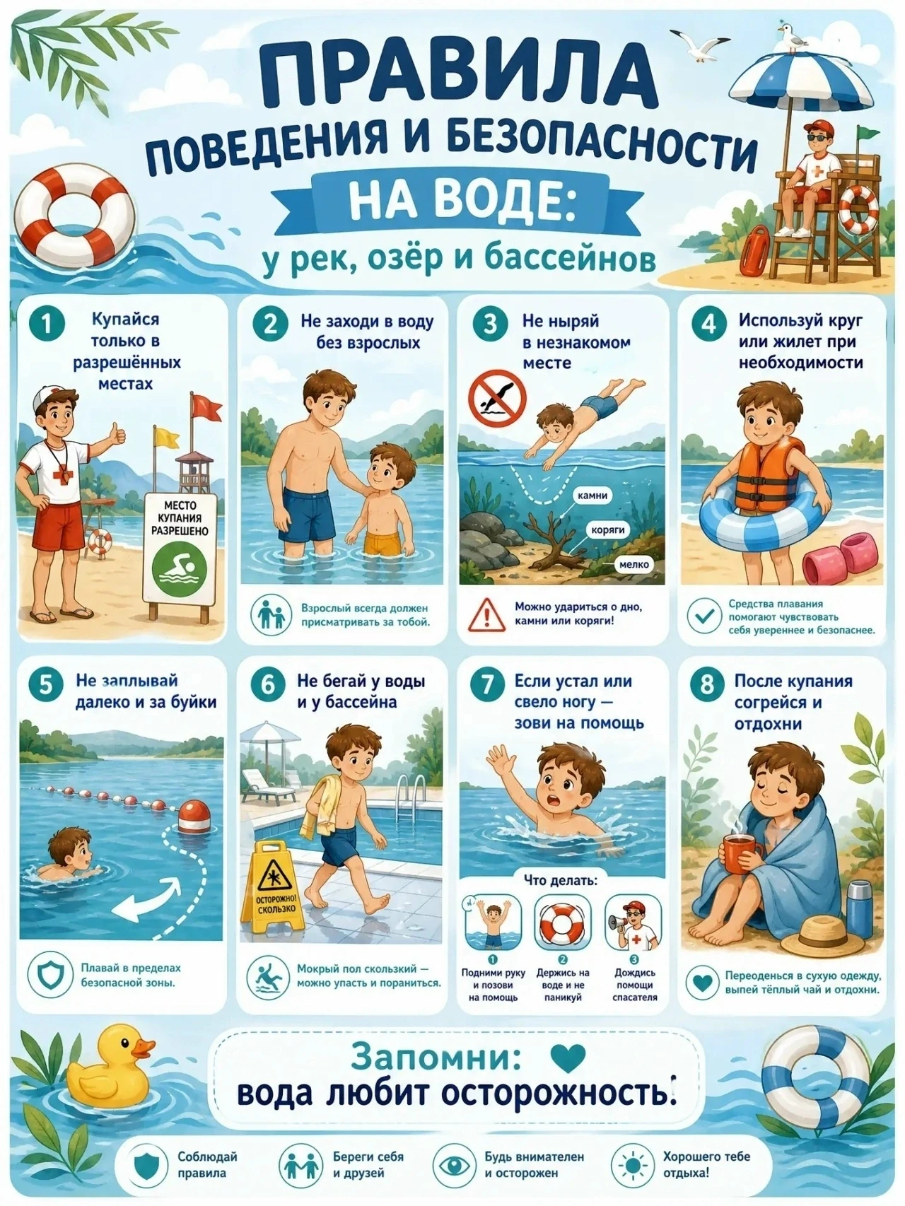 Напоминаем правила безопасного поведения на водоёмах!
✅ Купаться только в разрешённых местах – там, 