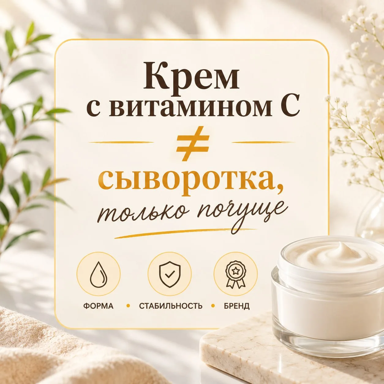 Крем с витамином С — это не «сыворотка, только погуще»

Поэтому и выбирать его нужно совсем по други