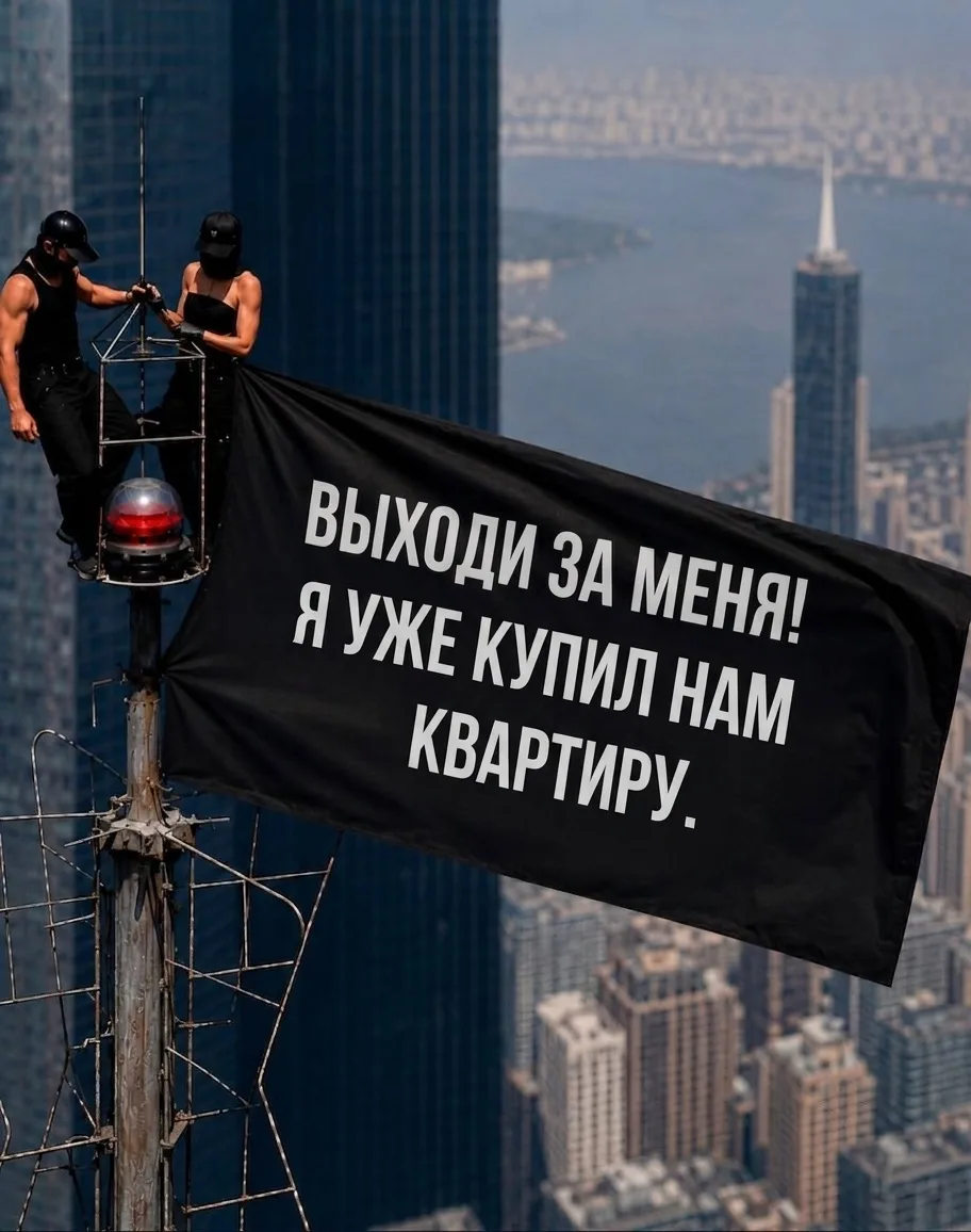 Любовь - это когда ты готов залезть на макушку небоскреба, развернуть баннер и крикнуть на весь горо