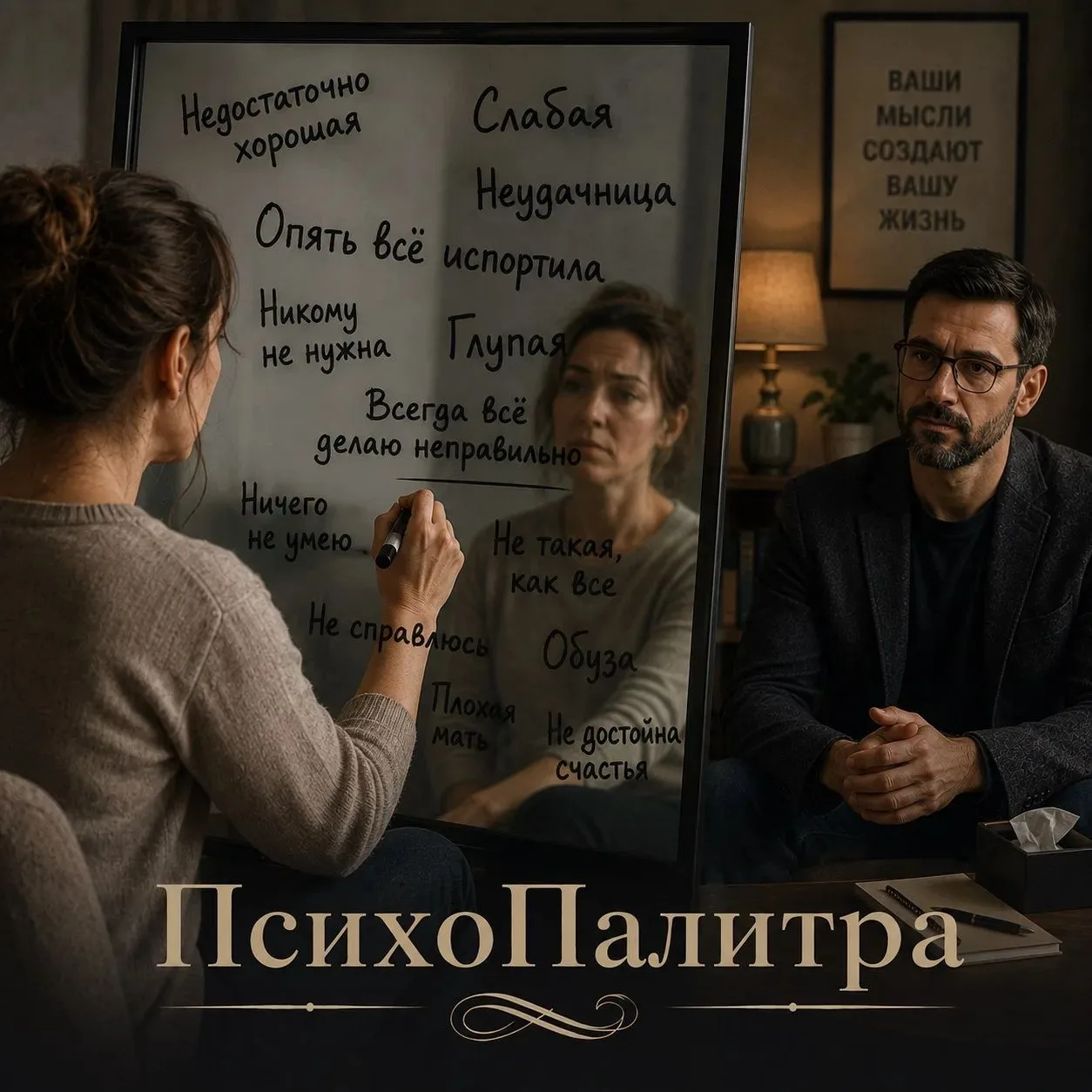 Психолог поставил перед женщиной большое зеркало и попросил написать на нем все слова, ...