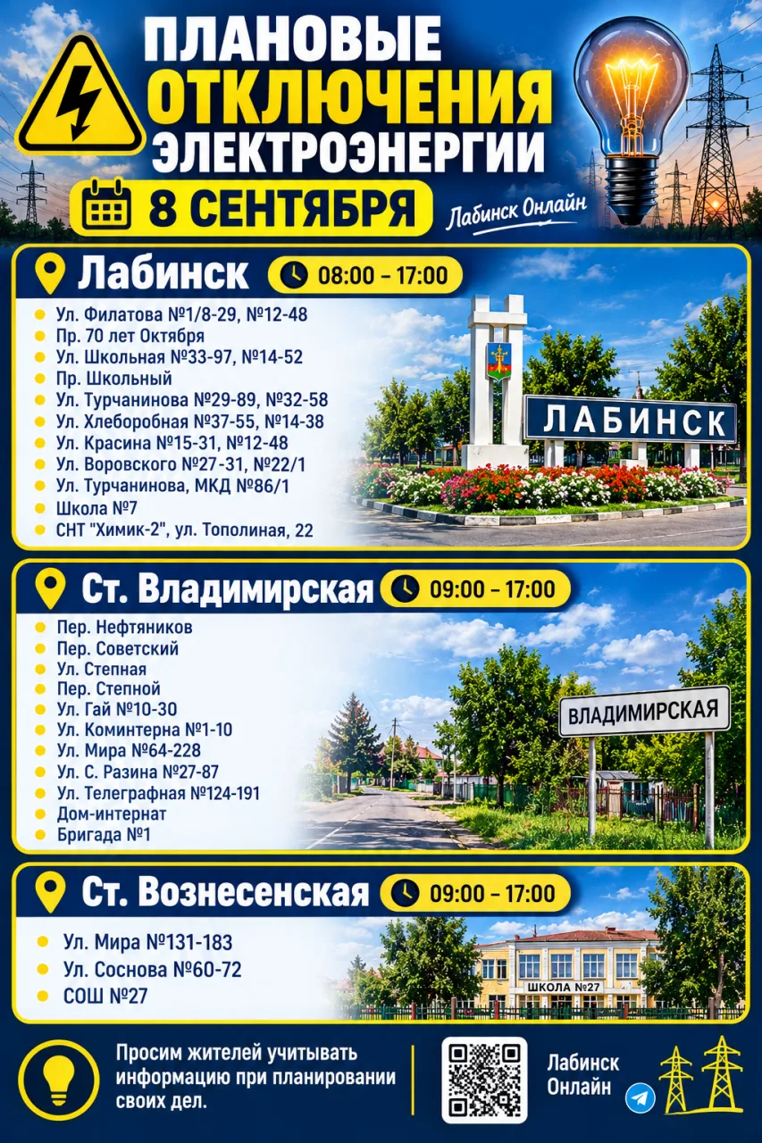 ⚡ Плановые отключения электроэнергии на 8 сентября