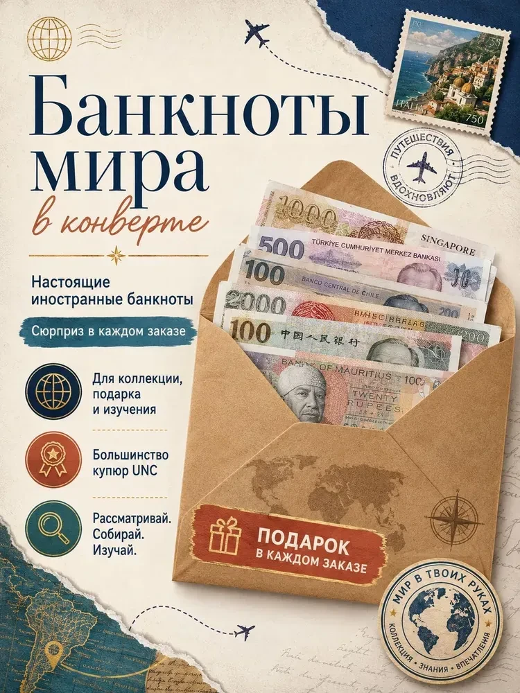 Настоящая иностранная банкнота в конверте, купюра мира для коллекции, подарок-сюрприз и...