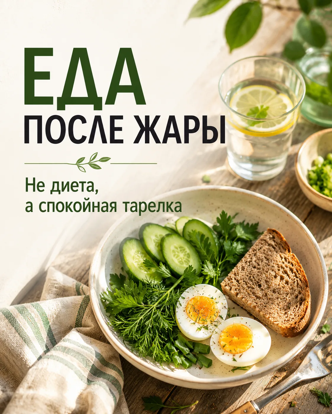 ЕДА ПОСЛЕ ЖАРЫ
В жару бывает так: утром кофе, днём не хочется, потом кусок на бегу, а вечером открыт
