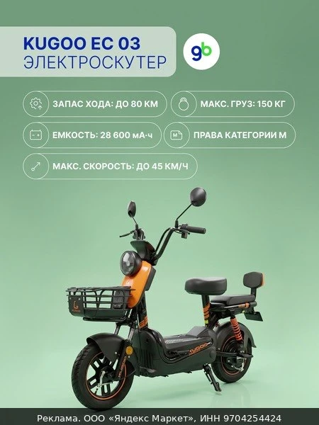 🛵Электроскутер KUGOO EC 03 800W (48V/28.6Ah) - двухместный с корзинкой
