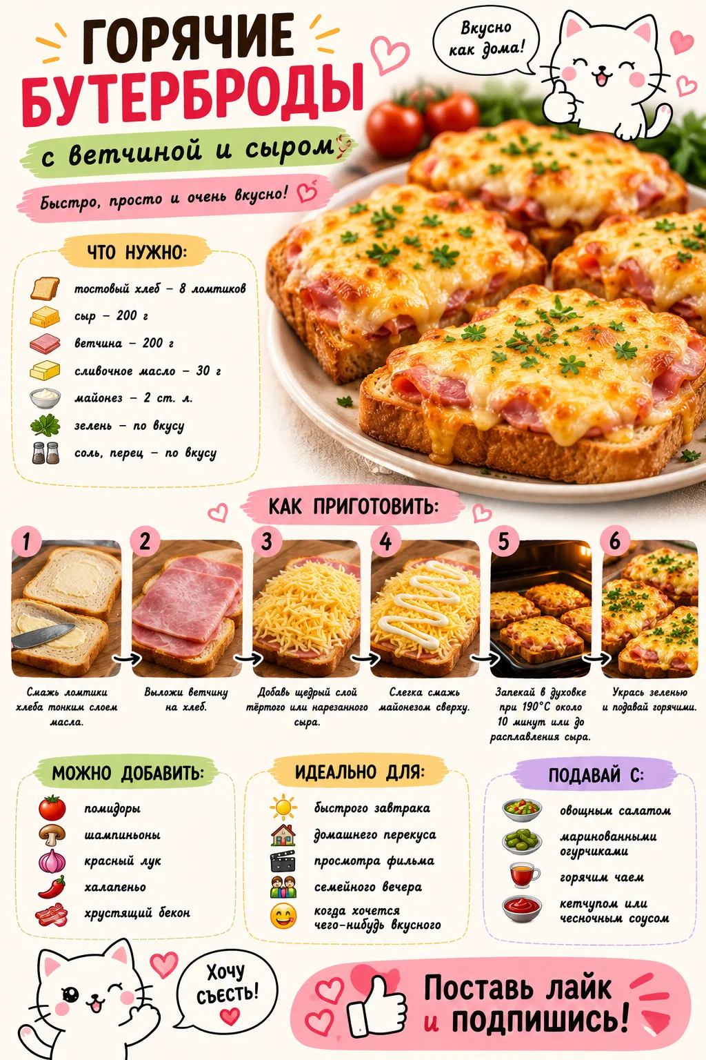 🥪 ГОРЯЧИЕ БУТЕРБРОДЫ С ВЕТЧИНОЙ И СЫРОМ