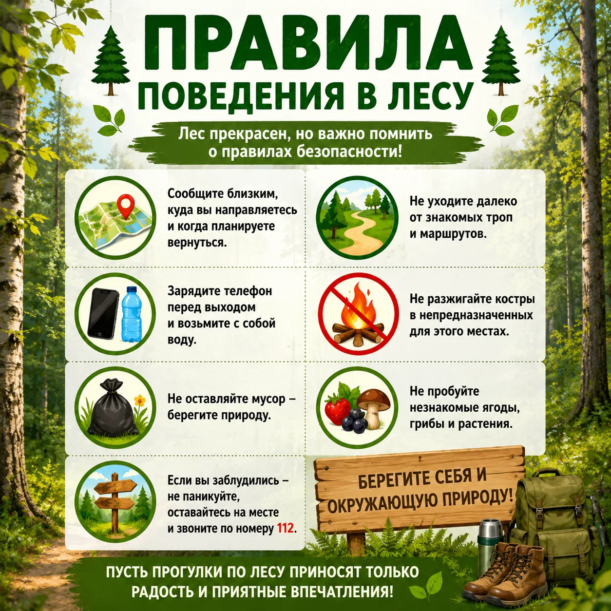 🌳 Лес прекрасен в любое время года, но важно помнить о правилах безопасности!
Прогулка в лесу может