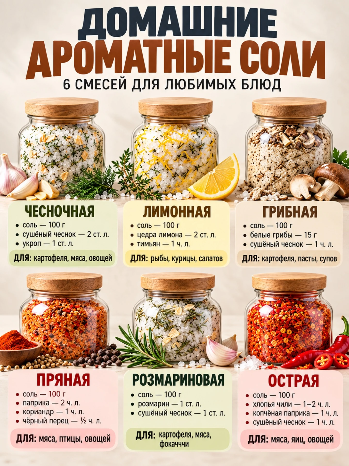 Обычная соль может стать намного интереснее! Чесночная, лимонная, грибная, пряная, розм...