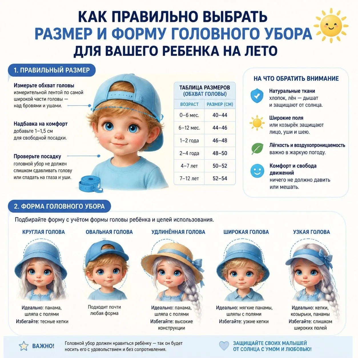 Как выбрать размер и форму головного убора для ребёнка на лето
