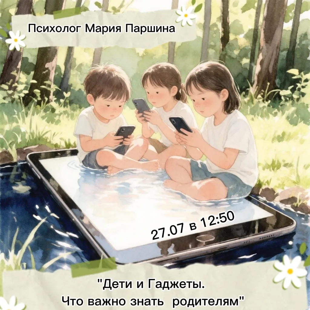 27 июня в 12:50 психолог Мария Паршина проведёт открытую беседу на тему:
«Дети и гаджеты. Что важно 