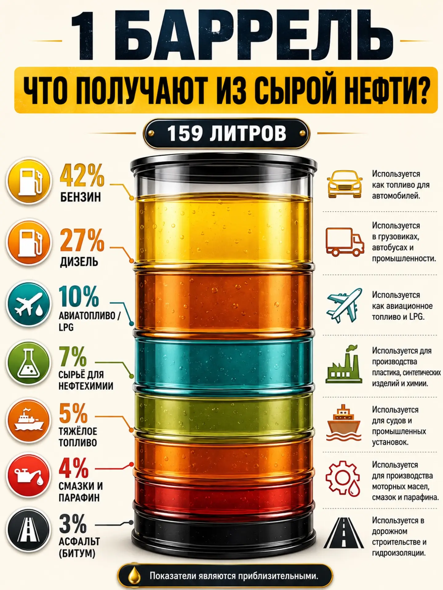ЧТО ПОЛУЧАЮТ ИЗ ОДНОГО БАРРЕЛЯ НЕФТИ?

Многие думают, что сырая нефть превращается только в бензин. 
