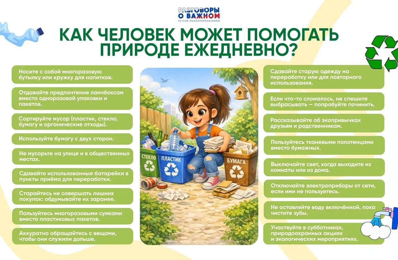 Памятка: как человек может помогать природе ежедневно.