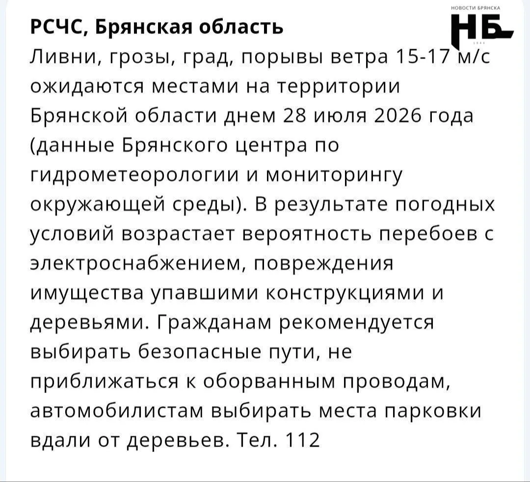 🌧 Ливни, грозы, град и сильный ветер обрушатся завтра на Брянскую область

По данным Брянского цент