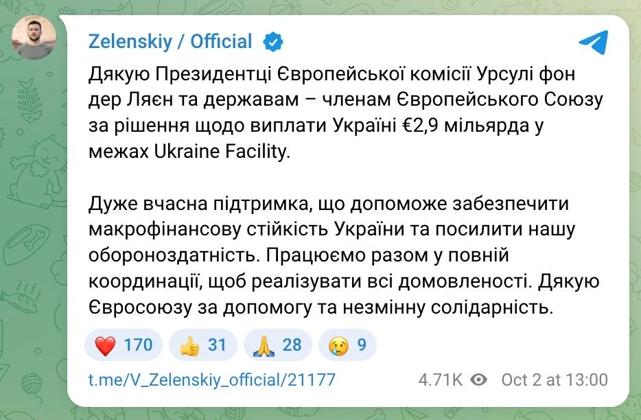 ЕС выделил Украине еще 2,9 млрд евро в рамках программы Ukraine Facility, сообщает Зеле...