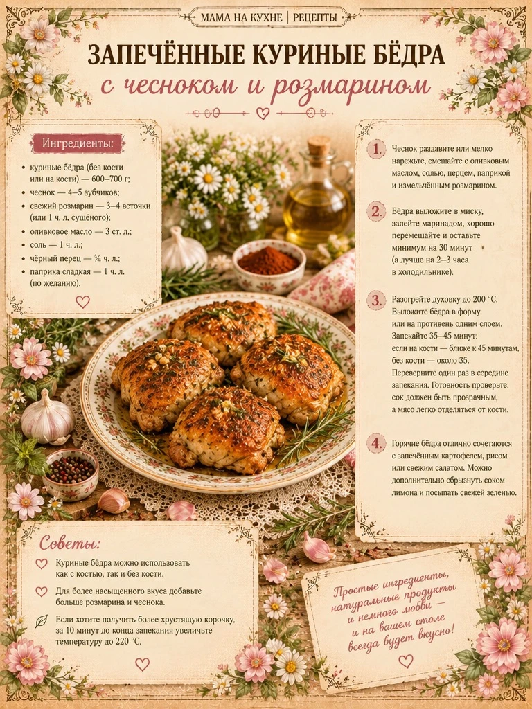🌸 Запечённые куриные бёдра с чесноком и розмарином 🌸