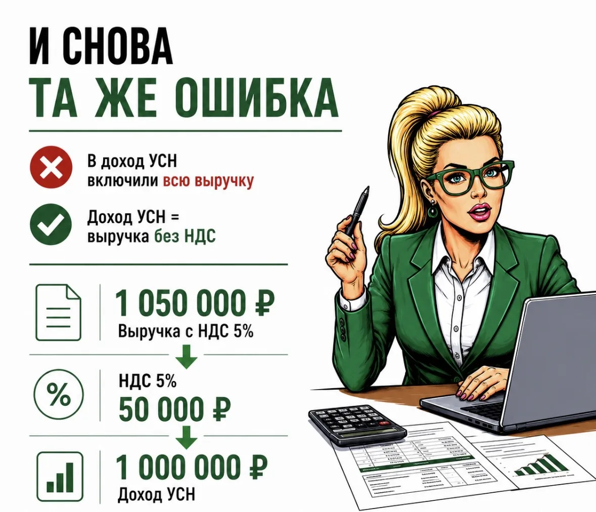 И снова та же ошибка

Не ожидала, что спустя два года после введения НДС на УСН эта ошибка всё ещё в