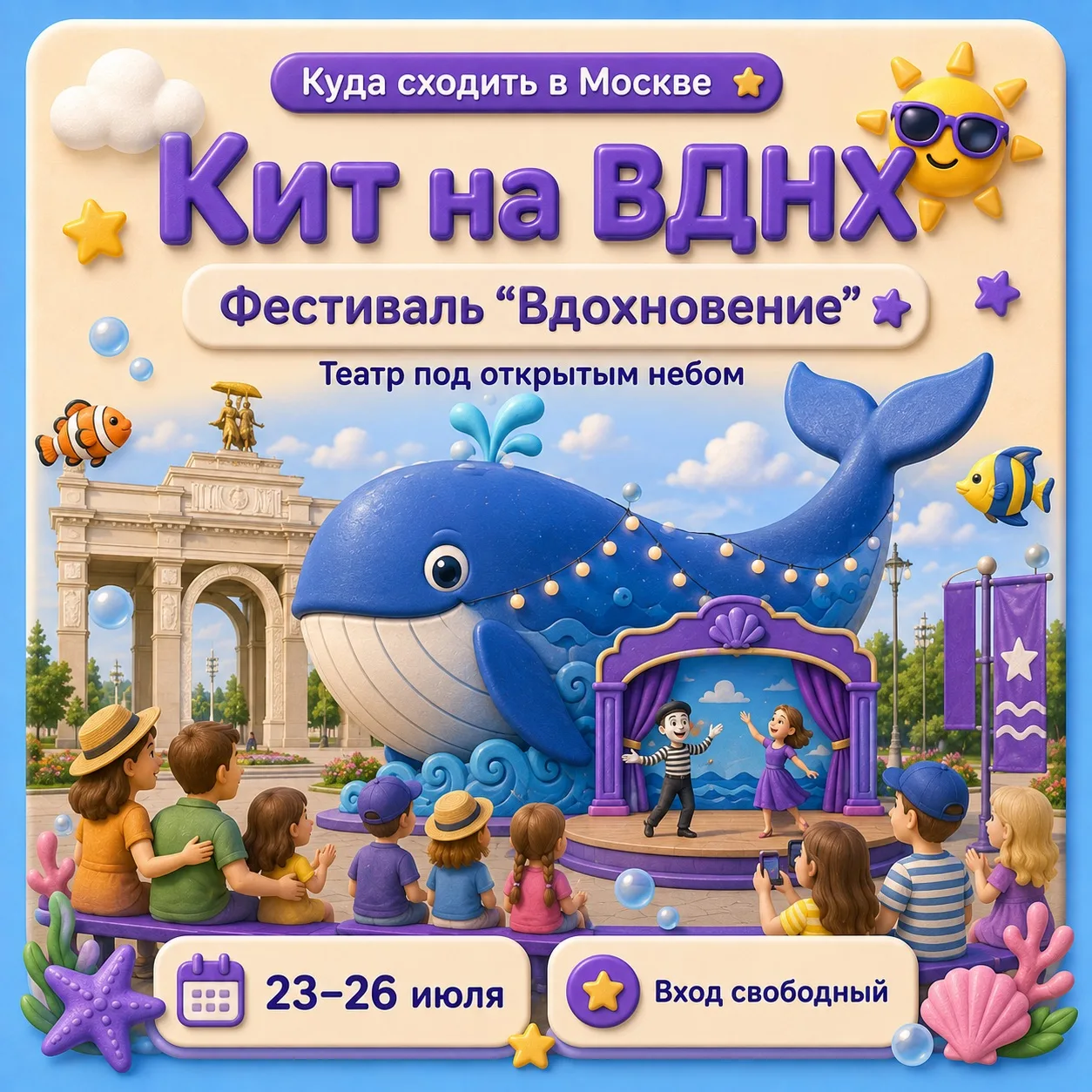 🐳 Кит на ВДНХ и театр прямо под открытым небом

Лето в Москве умеет удивлять. Иногда идёшь просто п