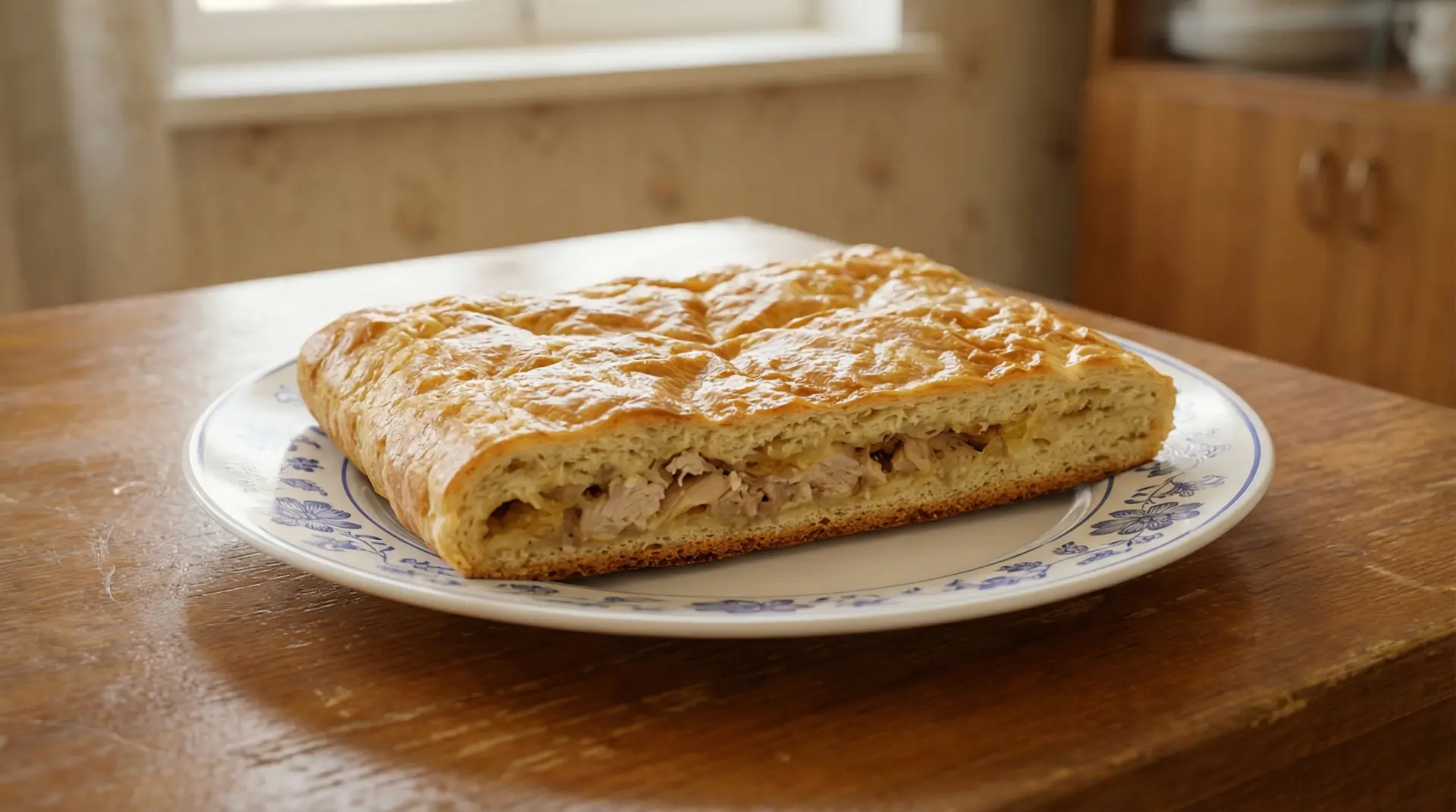 Слоёный пирог с курицей и сыром — Хрустящий, сытный пирог из слоёного теста с сочной курицей и сыром
