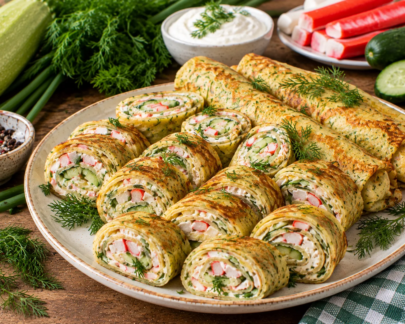 🥒 Кабачковые блинчики с крабовыми палочками — нежные рулетики с сочной начинкой! 🦀🥒