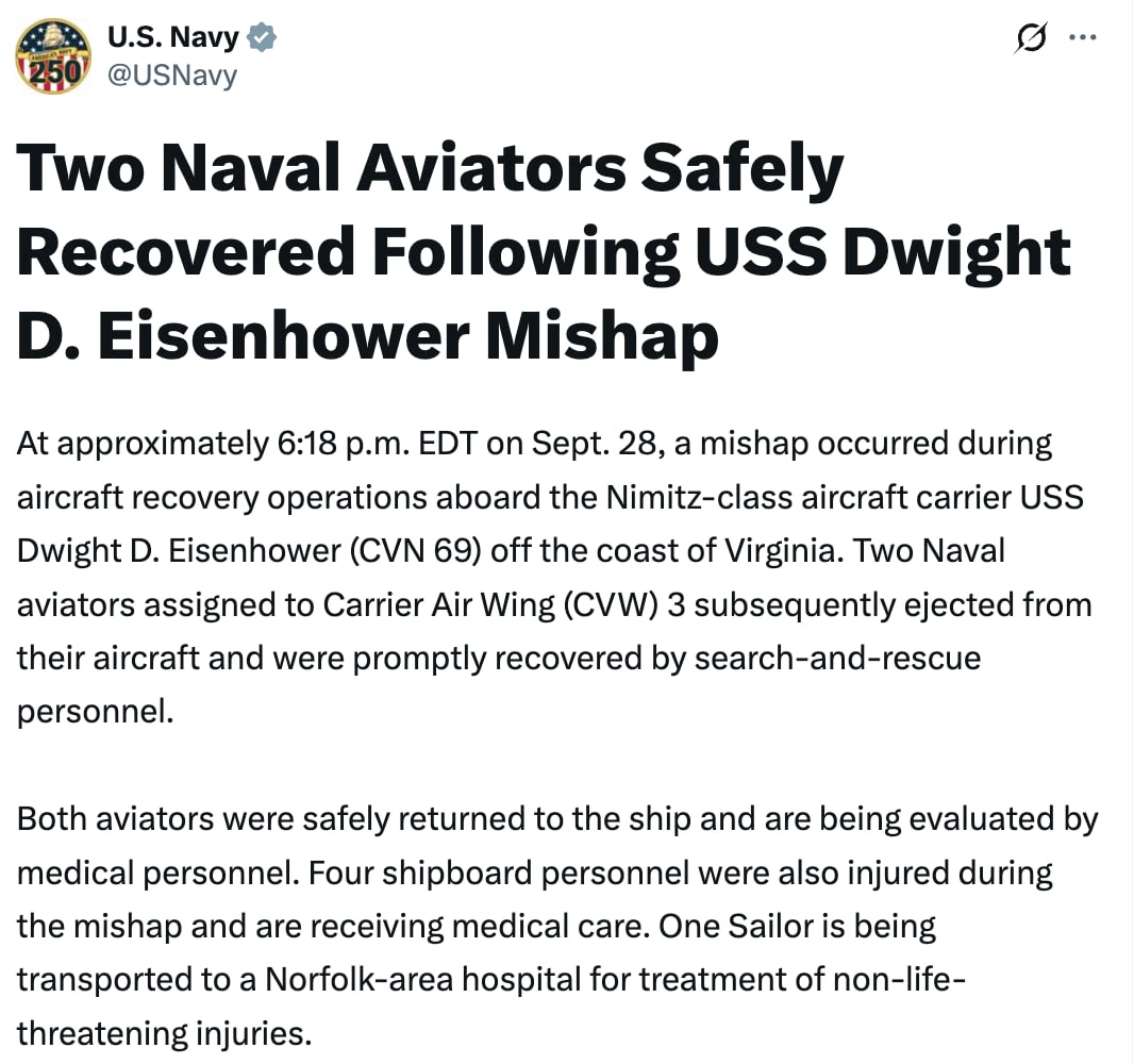 ВМС США сообщили об инциденте во время приземления самолета на авианосец USS Dwight D. ...