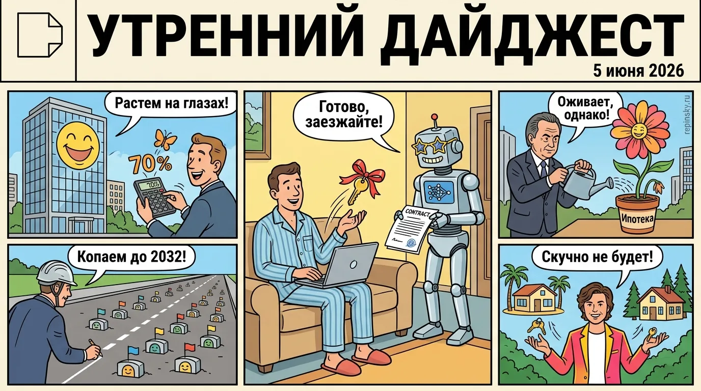🗞️ Утренний дайджест

➠ Российский сектор PropTech достигнет капитализации в 55 млрд рублей. К 2026