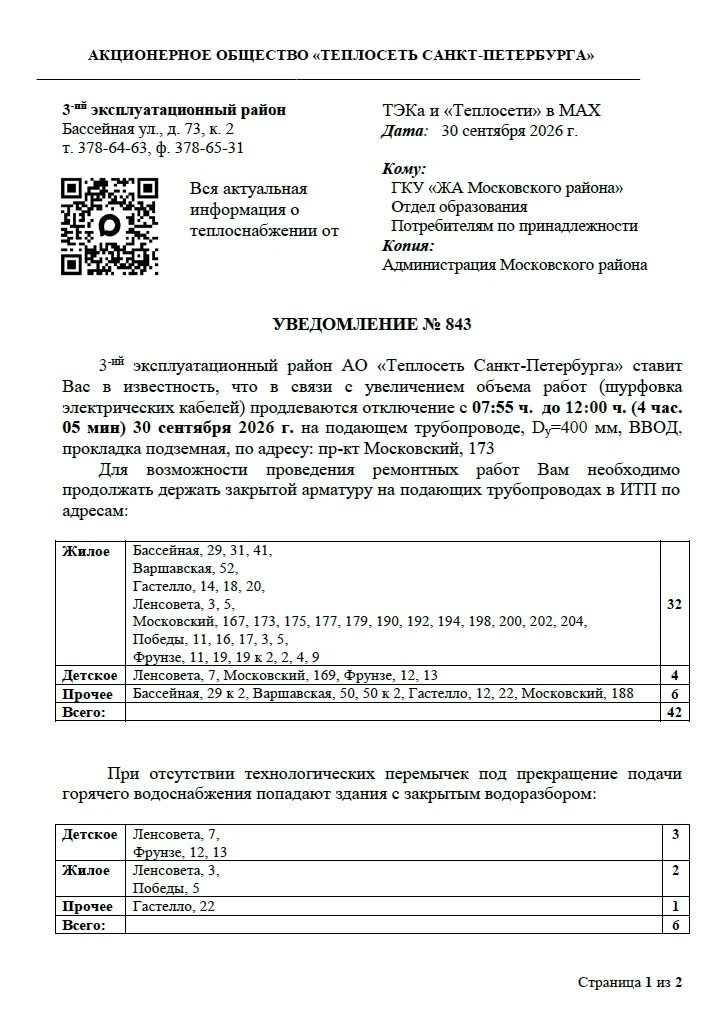 3-й эксплуатационный район АО «Теплосеть Санкт-Петербурга» ставит Вас в известность, чт...